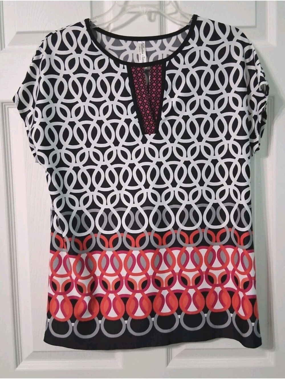 Per Seption Concepts, Women's Blk/Wht Patterned Short Sleeve Blouse, M, EUC